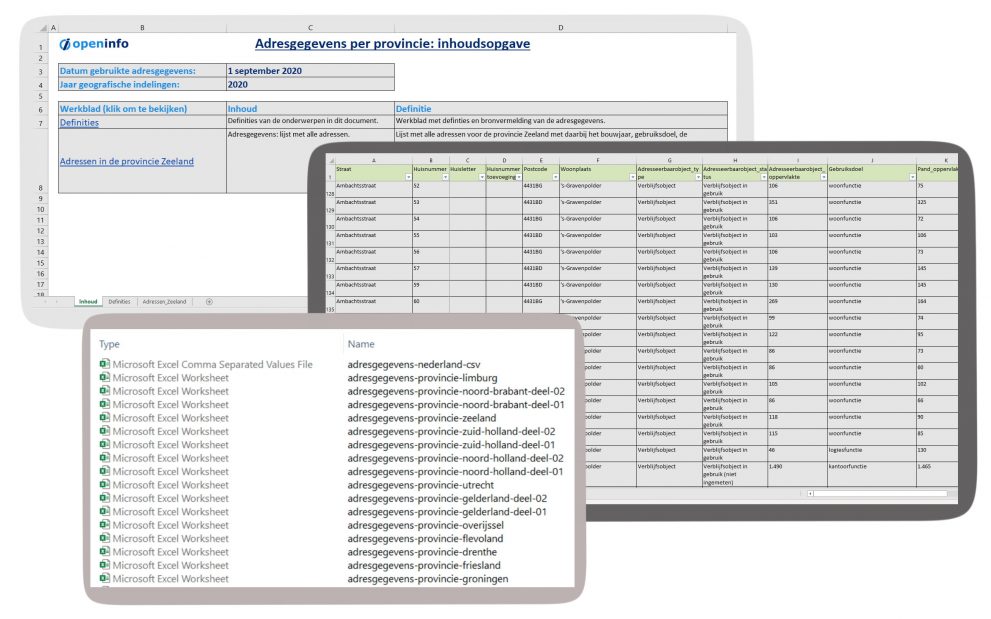 Download de koppeling van postcode en huisnummer aan de officiële buurten voor alle adressen in Nederland met diverse andere onderwerpen als Excel document per provincie of als CSV bestand.